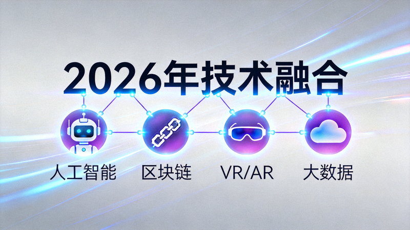 2026年技术融合概念图：展示人工智能、区块链、VR/AR、大数据等图标相互连接形成网络