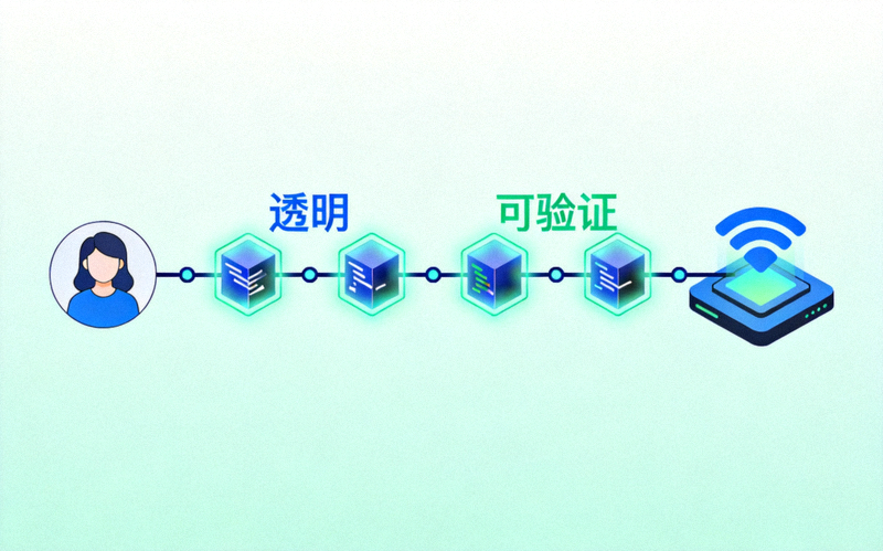区块链透明化概念图：显示数据块链条连接用户与平台，中间有‘透明’、‘可验证’字样